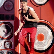 Justin Bieber in front of TRIO printed and CNC routed stereo stage