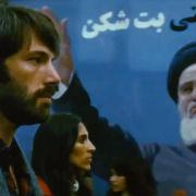 ben affleck in front of trio's hand painted portrait in the film argo