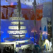 Holiday Window display at the Paley Media Center with Warner Bros, TRIO routed tree, sculpted fireplace, printed backdrop