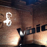 TRIO faux brick walls, CNC routed The Voice logo, flatbed print portrait on plexi - The Voice