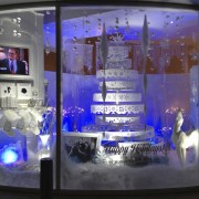 Holiday Window display at the Paley Media Center with Warner Bros, TRIO routed tree, sculpted fireplace, printed backdrop
