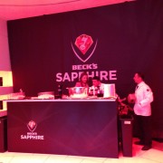 trio, printed graphics, printed carpet, stage, beck's, beer, sapphire, party, launch, event, new york, metal sculpture