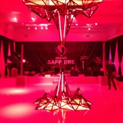trio, printed graphics, printed carpet, stage, beck's, beer, sapphire, party, launch, event, new york, metal sculpture