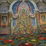 Nutcracker backdrop portrays a growing Christmas tree