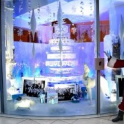 Holiday Window display at the Paley Media Center with Warner Bros, TRIO routed tree, sculpted fireplace, printed backdrop