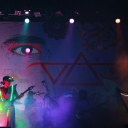 TRIO hand-painted backdrop on tour with Steve Vai
